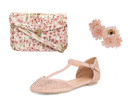 Ballerines à bouts pointus et strass, bracelet à fleurs et sac cartable rose poudré
