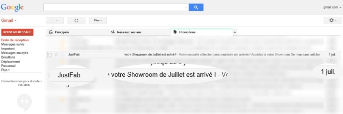 Sous Gmail, le mail de Justfab proposant le showroom mensuel apparaît dans l'onglet "Promotions"