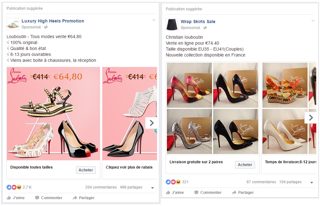 arnaque fausses Louboutin publicités facebook contrefaçons louboutin pas cher